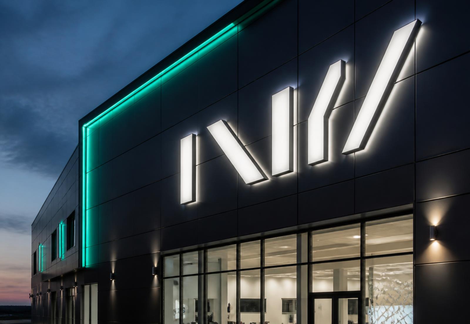 Fachada comercial em ACM grafite com letras-caixa iluminadas produzida pela Giga Projetos