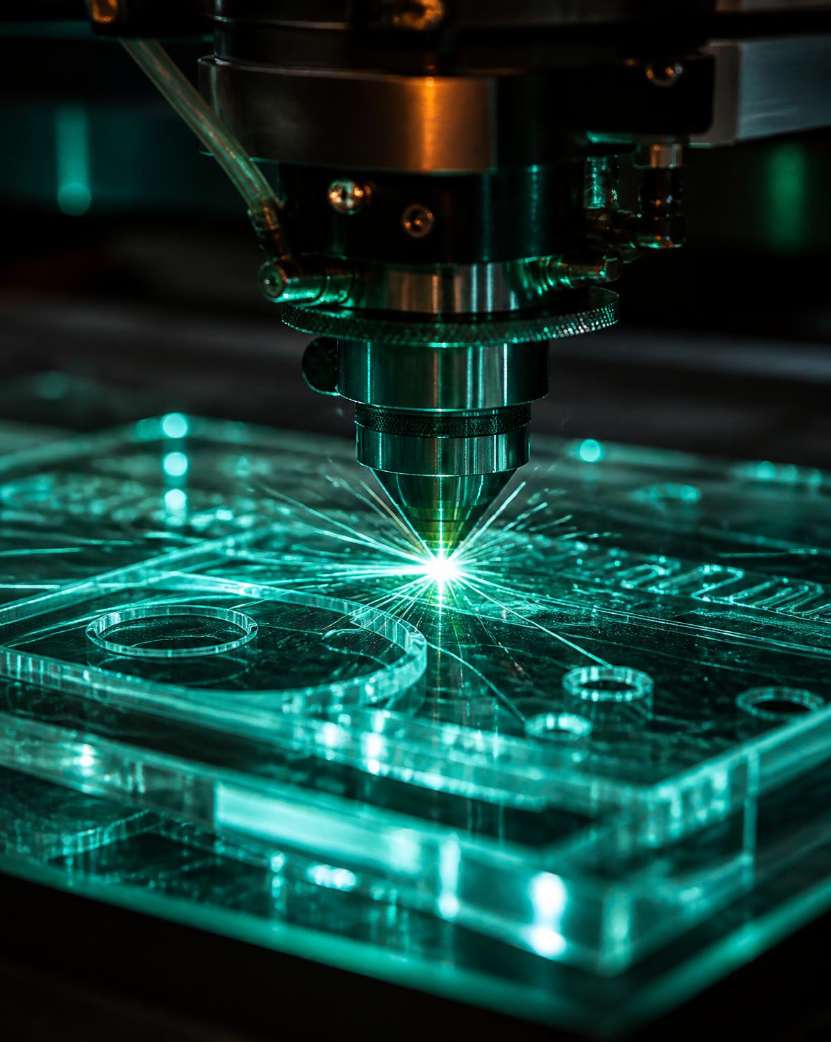 Detalhe do processo de gravação a laser em peça de acrílico